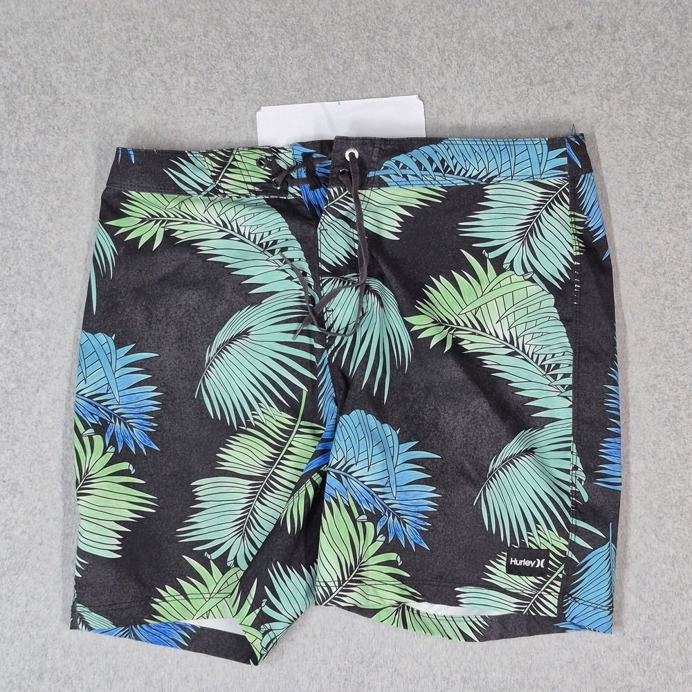 Hurley Men Swimwear 31 Black Board Shorts Floral Shorts Palm Leaves Activewear